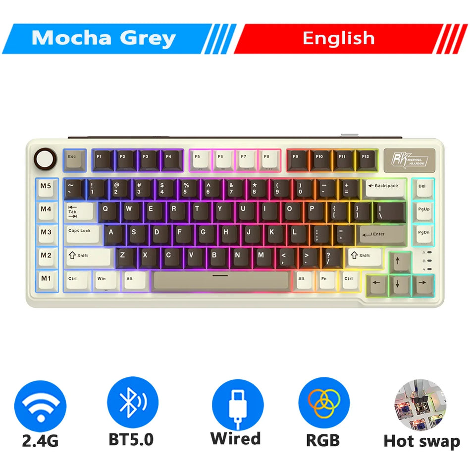 RK ROYAL KLUDGE L75 Cinco Teclas De Acceso Directo Estructura De Junta De Teclado Mecánico Personalizable Teclado gaming Con Retroiluminación RGB Trimodal