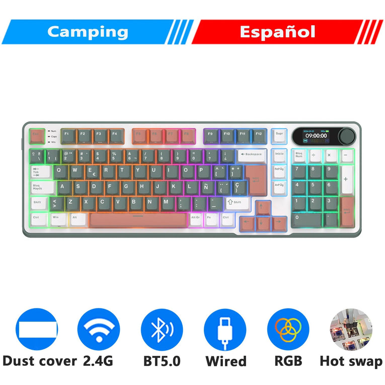 Teclado Mecánico RK ROYAL KLUDGE S98 Gaming 98 Teclas RGB Backlit - Top Mount, Pantalla TFT, Inalámbrico BT5.0/2.4G/USB-C + Hot Swappable