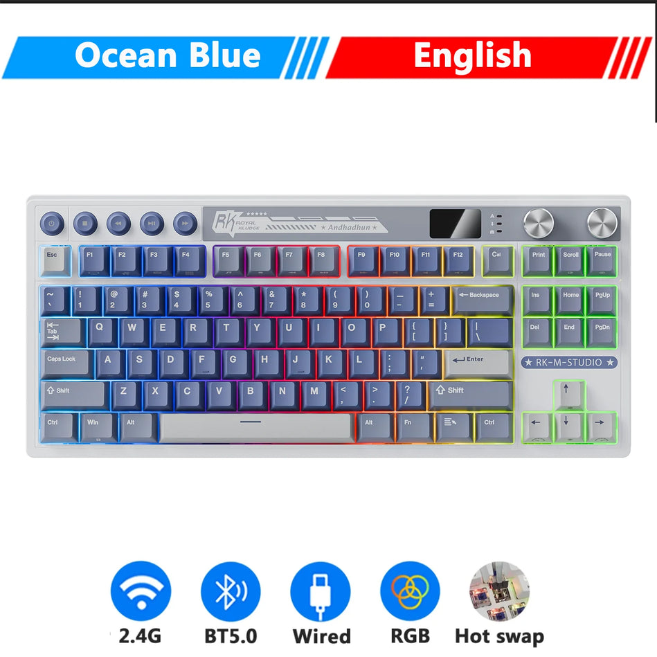 Teclado Mecánico M87 RK ROYAL KLUDGE, Inalámbrico/Bluetooth/2,4G/Usb-C, Teclado gaming Con Junta Intercambiable  Con Pantalla TFT a Color
