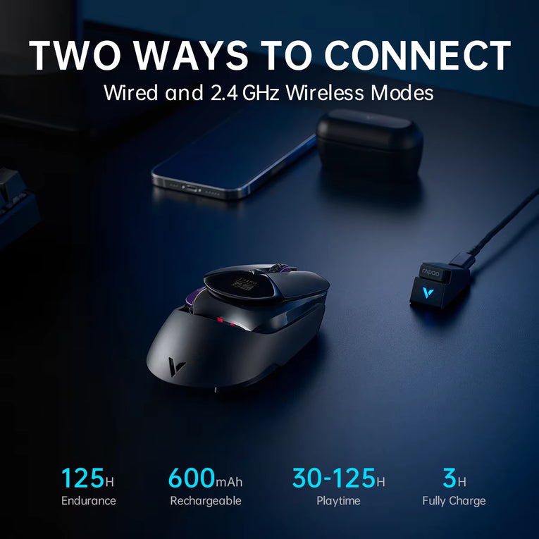 Rapoo-Ratón Inalámbrico Con Cable VT960PRO Para Juegos, Dispositivo Con Sensor PAW3395, Pantalla OLED De 26000 DPI, 9 Botones Programables, Memoria a Bordo, Color Negro