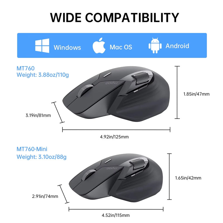 Rapoo MT760 Ratón Inalámbrico Recargable Multimodo Ergonómico 4000 DPI Compatible Con Hasta 4 Dispositivos Ratón Bluetooth