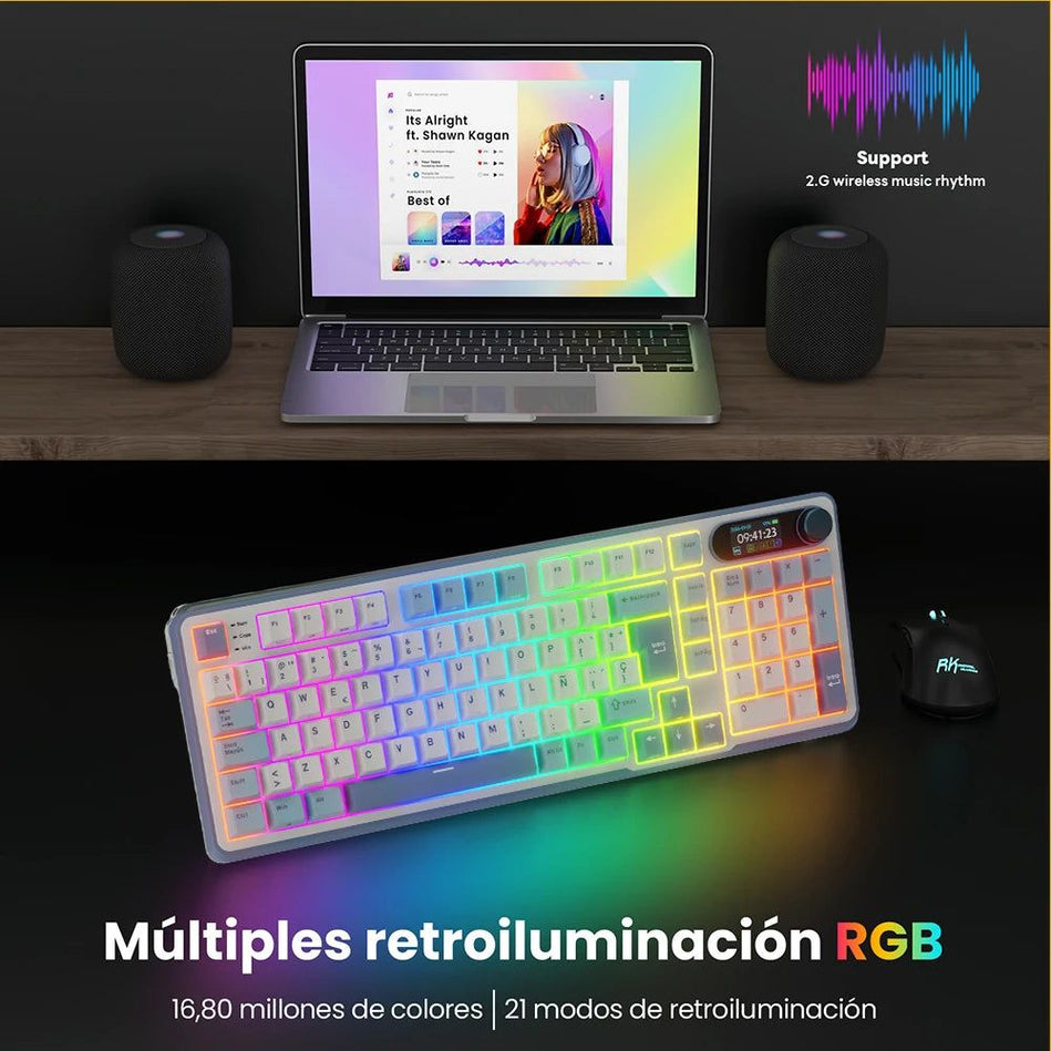 Teclado Mecánico RK ROYAL KLUDGE S98 Gaming 98 Teclas RGB Backlit - Top Mount, Pantalla TFT, Inalámbrico BT5.0/2.4G/USB-C + Hot Swappable
