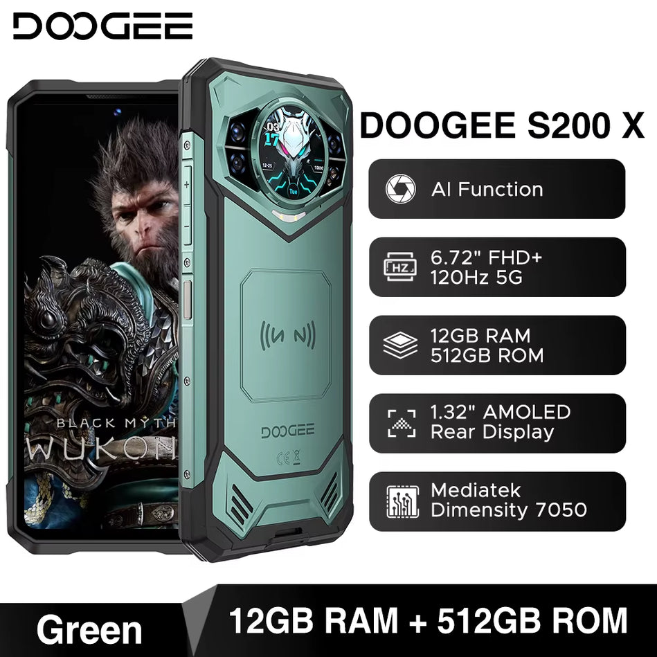 DOOGEE S200 5G Teléfono Resistente 6,72 "120Hz Pantalla 12GB RAM 256GB ROM 100MP AI Cámara Principal 10100Mah Android 14 NFC