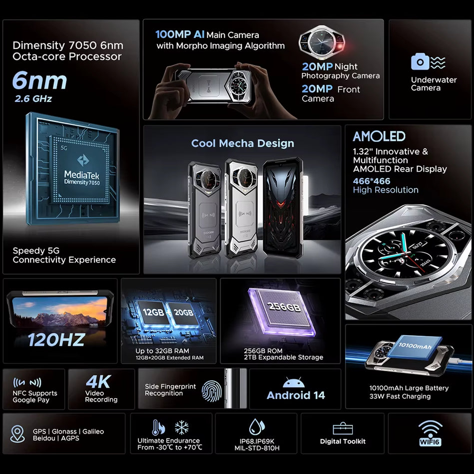 DOOGEE S200 5G Teléfono Resistente 6,72 "120Hz Pantalla 12GB RAM 256GB ROM 100MP AI Cámara Principal 10100Mah Android 14 NFC
