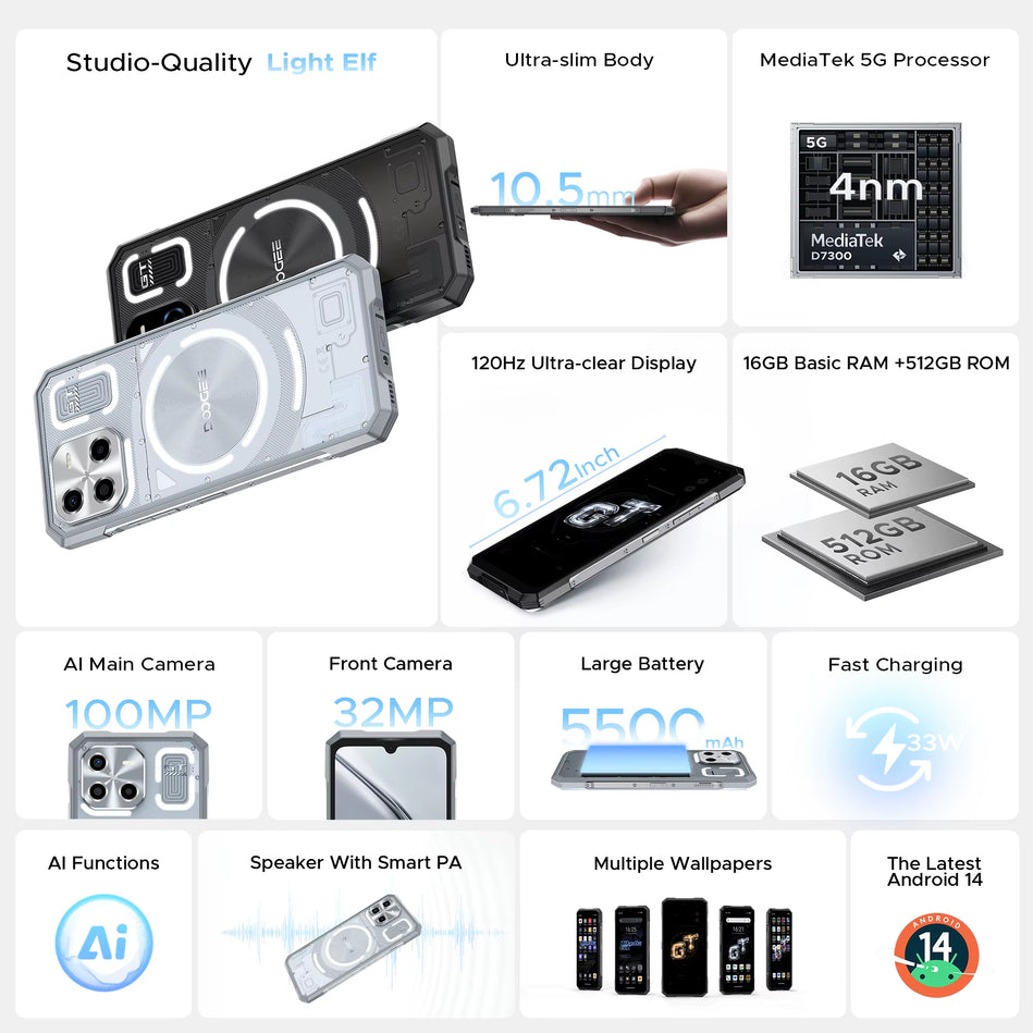 DOOGEE Blade GT Ultra 5G Teléfono Resistente Dimensión 7300 6,72 ''16GB + 512GB Efecto De Luz LED Teléfono Inteligente Ultrafino