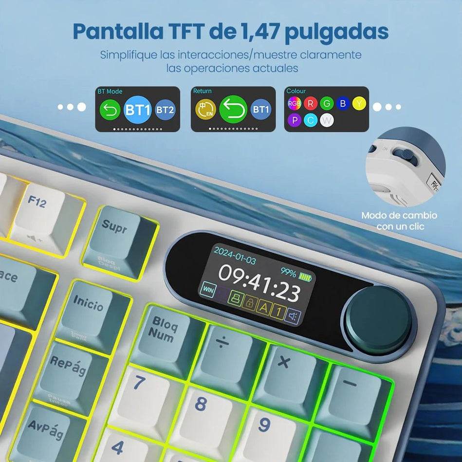 Teclado Mecánico RK ROYAL KLUDGE S98 Gaming 98 Teclas RGB Backlit - Top Mount, Pantalla TFT, Inalámbrico BT5.0/2.4G/USB-C + Hot Swappable