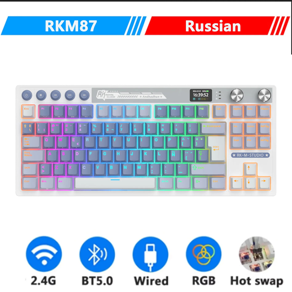 Teclado Mecánico M87 RK ROYAL KLUDGE, Inalámbrico/Bluetooth/2,4G/Usb-C, Teclado gaming Con Junta Intercambiable  Con Pantalla TFT a Color