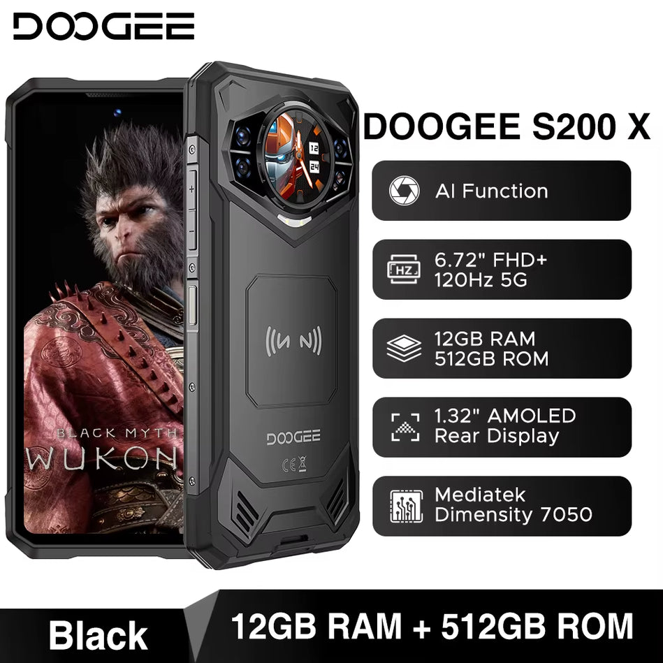 DOOGEE S200 5G Teléfono Resistente 6,72 "120Hz Pantalla 12GB RAM 256GB ROM 100MP AI Cámara Principal 10100Mah Android 14 NFC