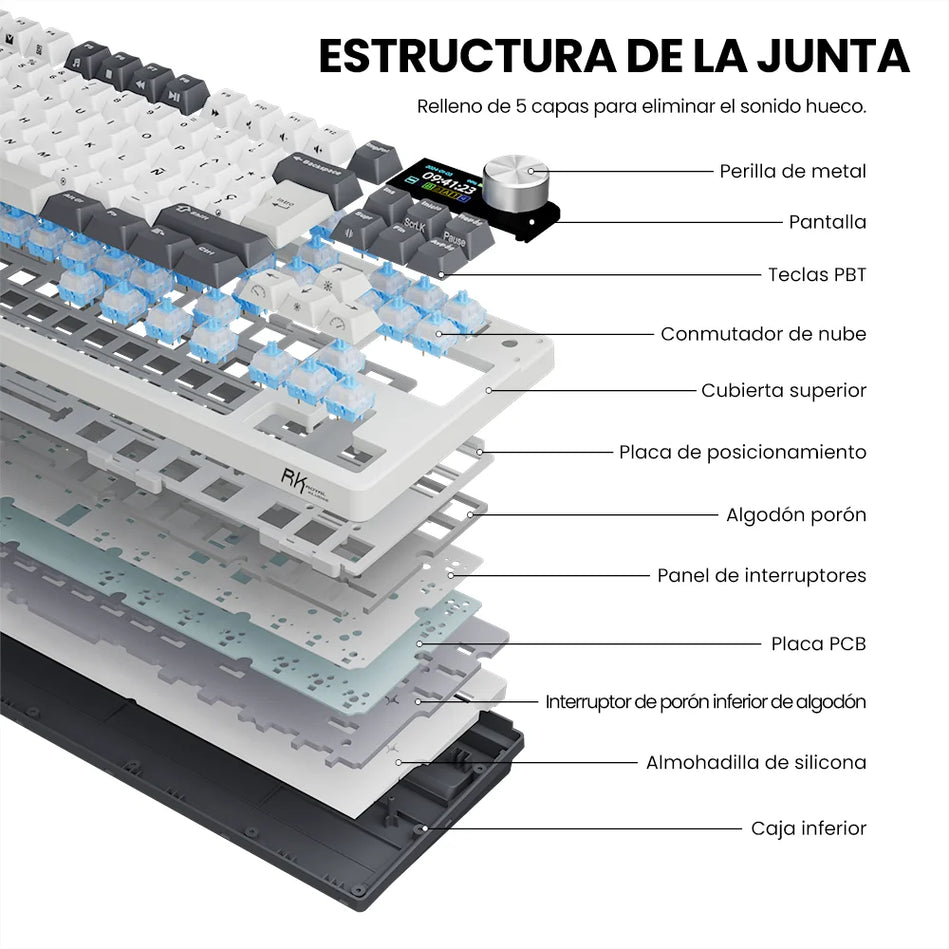 Teclado Mecánico RK ROYAL KLUDGE S85 TFT Color Screent, Modo Tri Inalámbrico, 85 Teclas, Teclado Para Gaming, Retroiluminado RGB