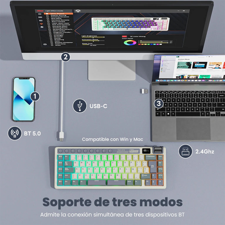 RK ROYAL KLUDGE M70 Teclas Personalizadas Teclado Para Gaming Pantalla De Batería Teclado Mecánico Inalámbrico PBT Multimodo