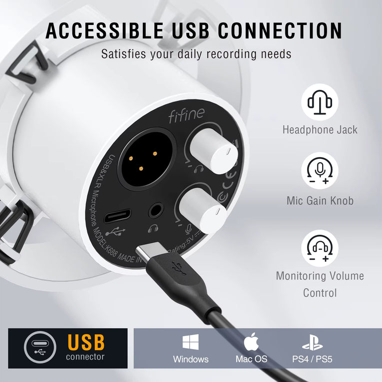 FIFINE K688 Micrófono Dinámico XLR Con Monitoreo En Tiempo Real, Transmisión USB, Con Perilla De Ganancia/Silencio Táctil