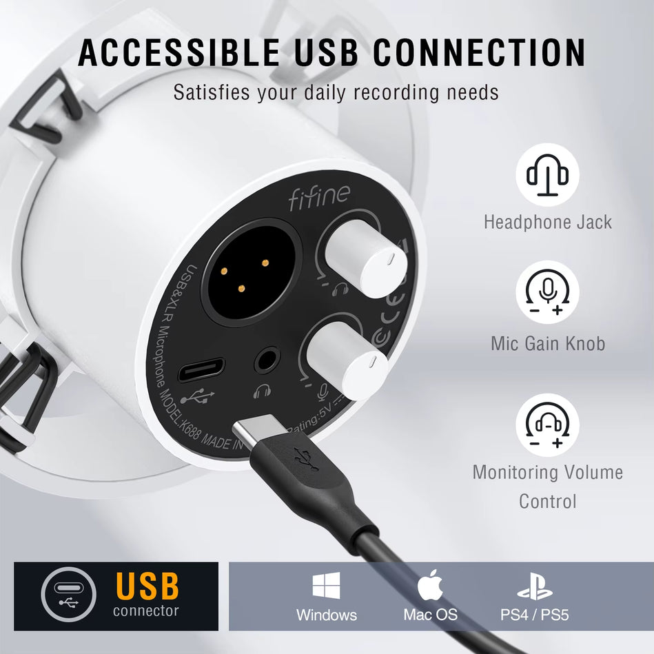 FIFINE K688 Micrófono Dinámico XLR Con Monitoreo En Tiempo Real, Transmisión USB, Con Perilla De Ganancia/Silencio Táctil