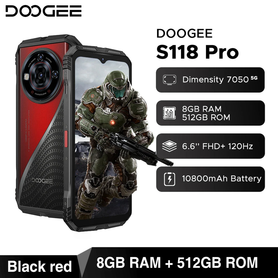DOOGEE S118 Pro 5G Teléfono Resistente 6,6 ''FHD 120Hz 8GB RAM 512GB ROM 10800Mah Batería Android 14 Teléfono Celular Con NFC