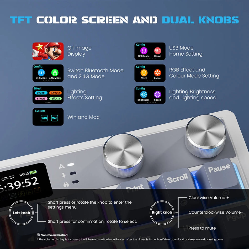 Teclado Mecánico M87 RK ROYAL KLUDGE, Inalámbrico/Bluetooth/2,4G/Usb-C, Teclado gaming Con Junta Intercambiable  Con Pantalla TFT a Color