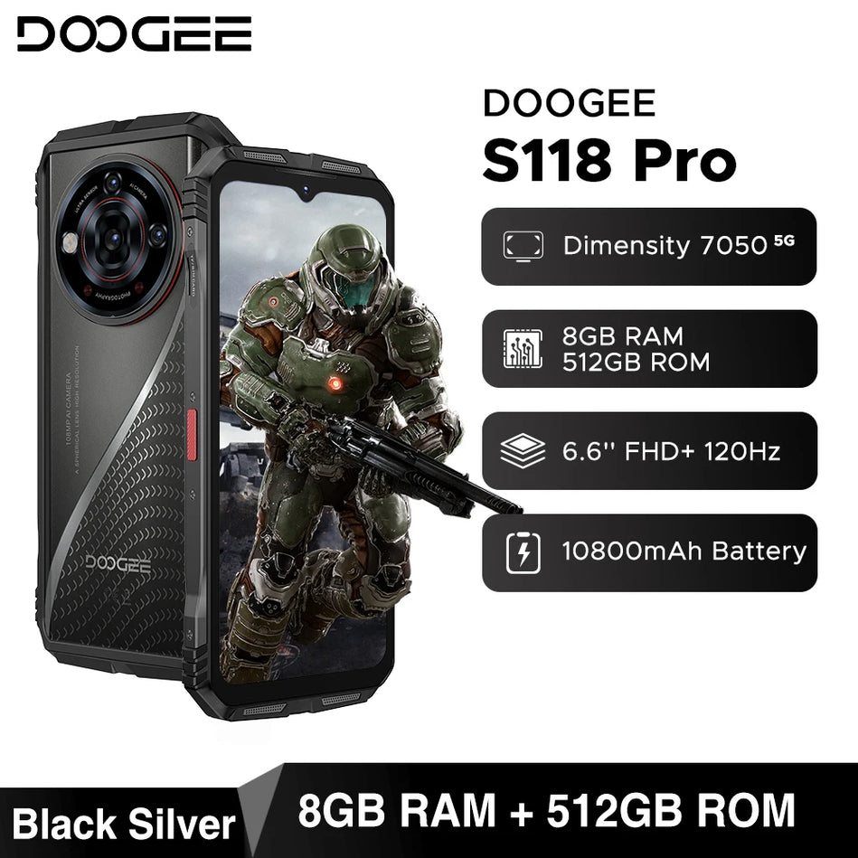 DOOGEE S118 Pro 5G Teléfono Resistente 6,6 ''FHD 120Hz 8GB RAM 512GB ROM 10800Mah Batería Android 14 Teléfono Celular Con NFC
