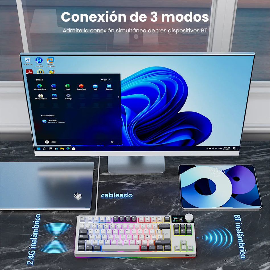 Teclado Mecánico RK ROYAL KLUDGE S85 TFT Color Screent, Modo Tri Inalámbrico, 85 Teclas, Teclado Para Gaming, Retroiluminado RGB