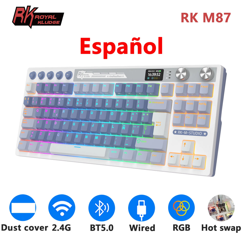 Teclado Mecánico M87 RK ROYAL KLUDGE, Inalámbrico/Bluetooth/2,4G/Usb-C, Teclado gaming Con Junta Intercambiable  Con Pantalla TFT a Color