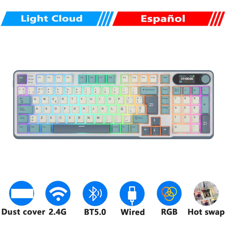 Teclado Mecánico RK ROYAL KLUDGE S98 Gaming 98 Teclas RGB Backlit - Top Mount, Pantalla TFT, Inalámbrico BT5.0/2.4G/USB-C + Hot Swappable
