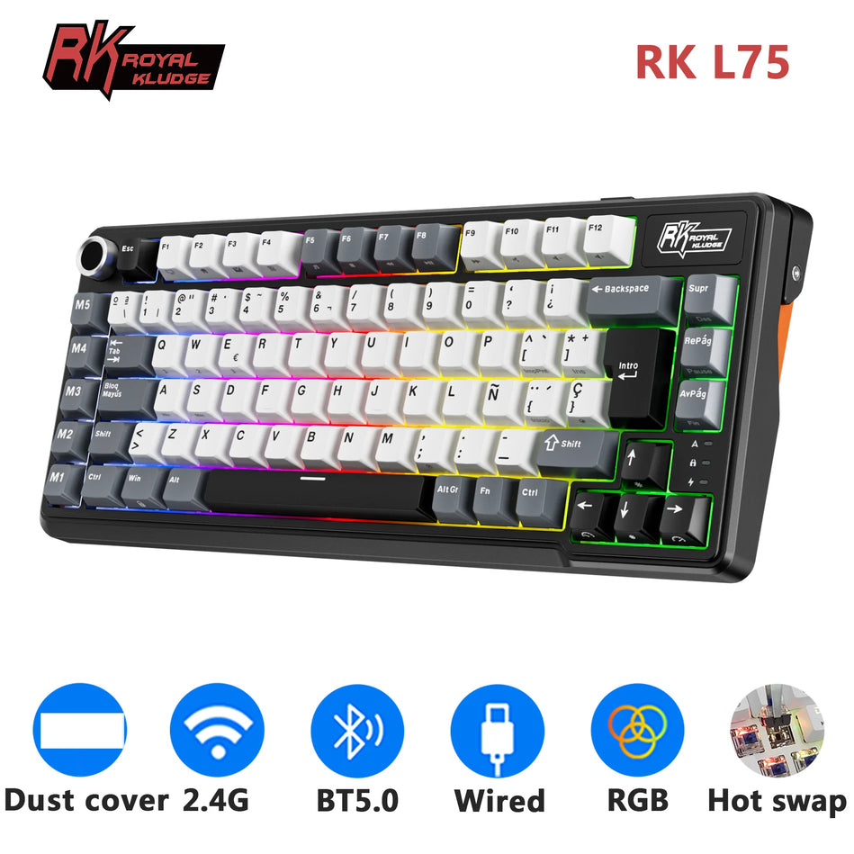 RK ROYAL KLUDGE L75 Cinco Teclas De Acceso Directo Estructura De Junta De Teclado Mecánico Personalizable Teclado gaming Con Retroiluminación RGB Trimodal