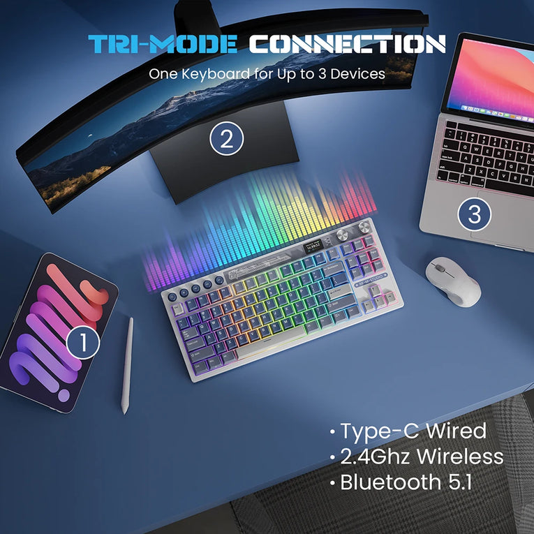Teclado Mecánico M87 RK ROYAL KLUDGE, Inalámbrico/Bluetooth/2,4G/Usb-C, Teclado gaming Con Junta Intercambiable  Con Pantalla TFT a Color