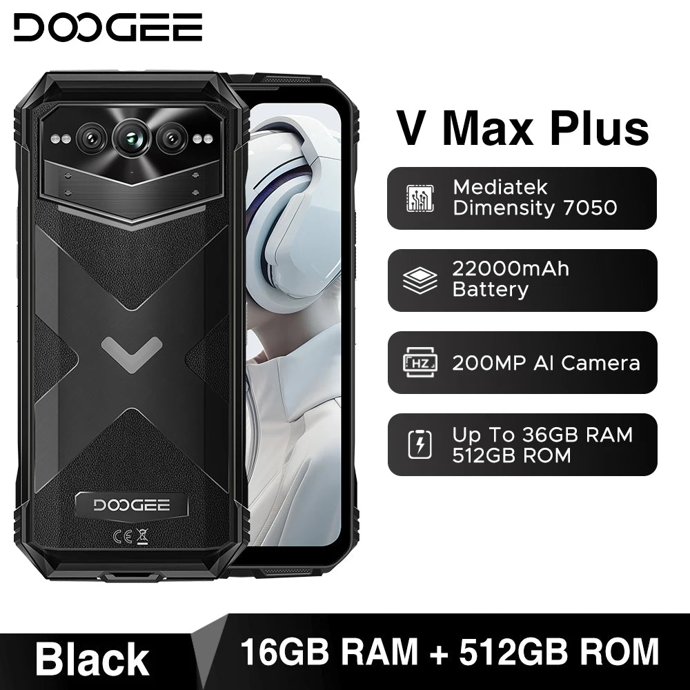 DOOGEE V Max plus Teléfono Resistente 22000Mah 36GB(16+20) 512GB 200MP Cámara Teléfono 6.58" 120Hz Dimensidad 7050 Android14