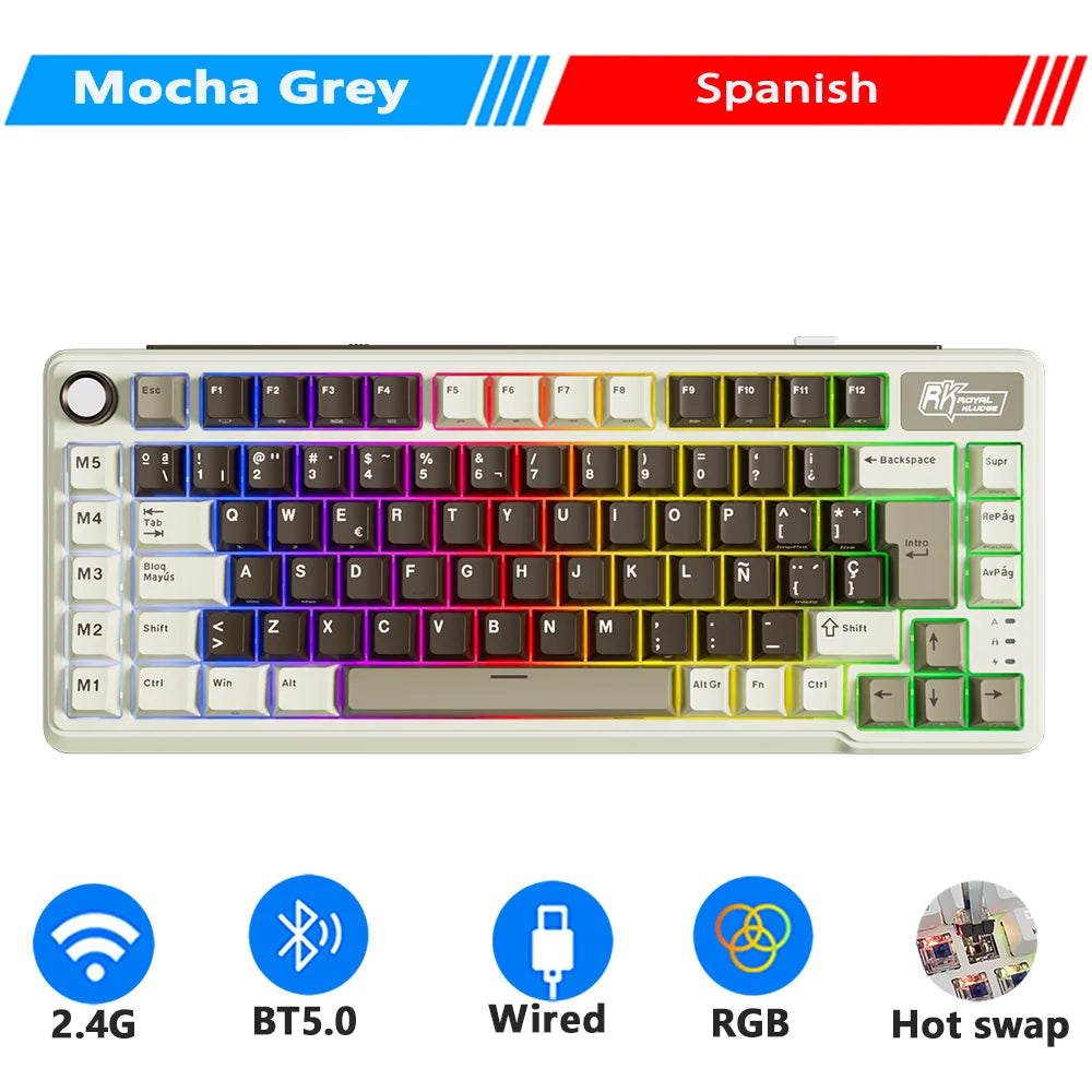 RK ROYAL KLUDGE L75 Cinco Teclas De Acceso Directo Estructura De Junta De Teclado Mecánico Personalizable Teclado gaming Con Retroiluminación RGB Trimodal