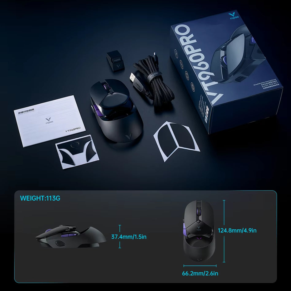 Rapoo-Ratón Inalámbrico Con Cable VT960PRO Para Juegos, Dispositivo Con Sensor PAW3395, Pantalla OLED De 26000 DPI, 9 Botones Programables, Memoria a Bordo, Color Negro