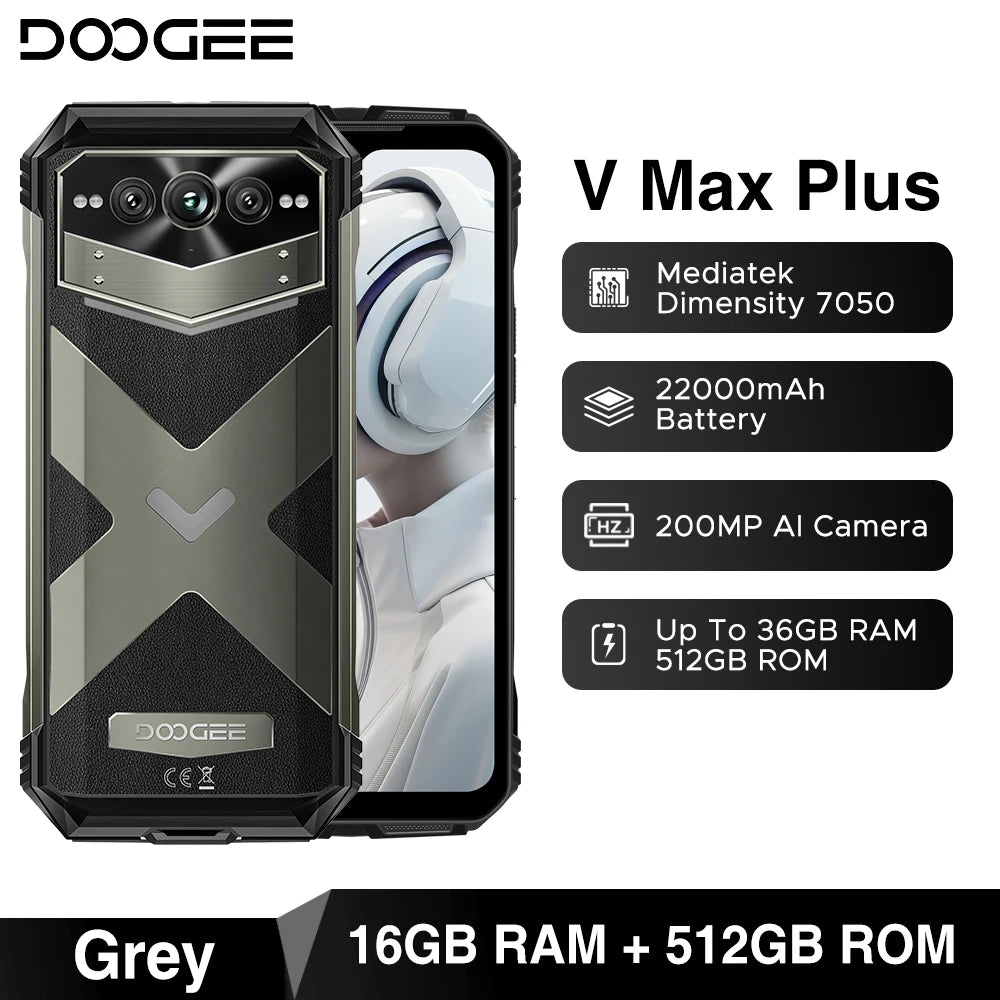 DOOGEE V Max plus Teléfono Resistente 22000Mah 36GB(16+20) 512GB 200MP Cámara Teléfono 6.58" 120Hz Dimensidad 7050 Android14