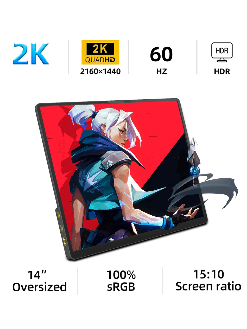 ZSUS Monitor Portátil 14” 2K (2160×1440, 60Hz) – Pantalla Externa para PC, Laptop, Xbox, PS4/PS5, Switch y Móvil