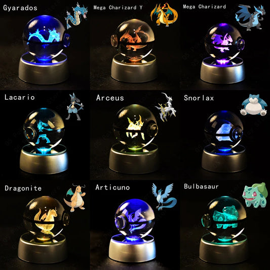 Bola de cristal 3D Pokemon con base luminosa