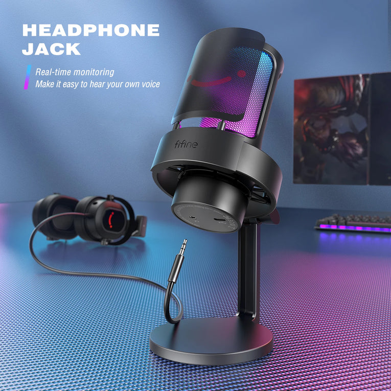 FIFINE A8 - Micrófono USB Para Grabar Y Transmitir, Salida De Auriculares Y Botón De Silencio Táctil, Micrófono Con 3 Modos RGB