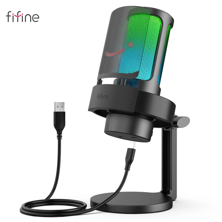 FIFINE A8 - Micrófono USB Para Grabar Y Transmitir, Salida De Auriculares Y Botón De Silencio Táctil, Micrófono Con 3 Modos RGB