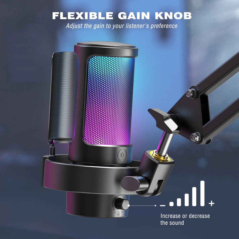 FIFINE A8 - Micrófono USB Para Grabar Y Transmitir, Salida De Auriculares Y Botón De Silencio Táctil, Micrófono Con 3 Modos RGB