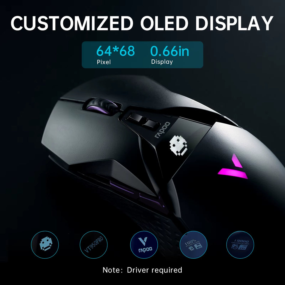 Rapoo VT950PRO Inalámbrico/Con Cable 2,4 Ghz Ergonómico Óptico 26000DPI RGB Ratón Para Juegos PAW3395 Sensor Compatible Con Carga Inalámbrica Qi