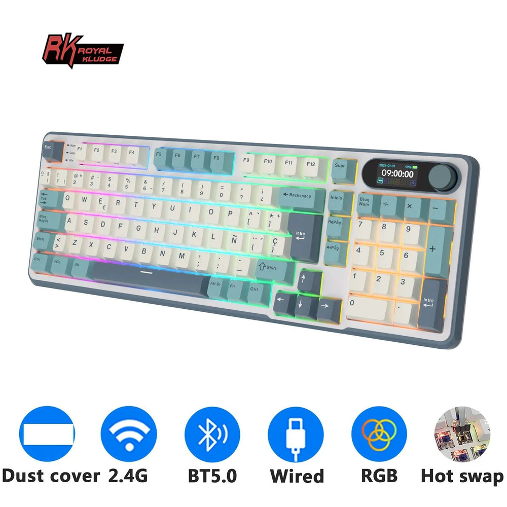 ‌Teclado Mecánico RK ROYAL KLUDGE S98 Gaming 98 Teclas RGB Backlit - Top Mount, Pantalla TFT, Inalámbrico BT5.0/2.4G/USB-C + Hot Swappable