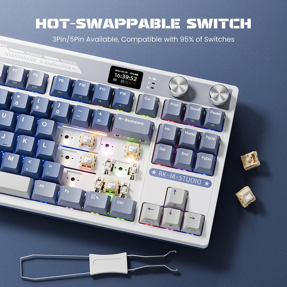 Teclado Mecánico M87 RK ROYAL KLUDGE, Inalámbrico/Bluetooth/2,4G/Usb-C, Teclado gaming Con Junta Intercambiable  Con Pantalla TFT a Color